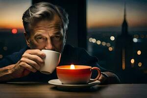 un más viejo hombre Bebiendo café y mirando a el ciudad a noche. generado por ai foto