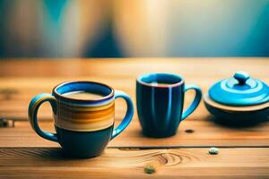 dos café tazas en un de madera mesa. generado por ai foto