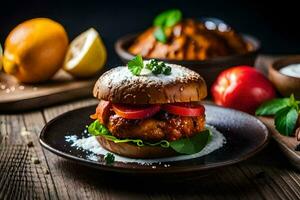 un pollo hamburguesa en un bollo con Tomates y otro ingredientes. generado por ai foto