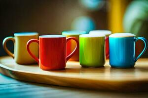 vistoso café tazas en un de madera bandeja. generado por ai foto