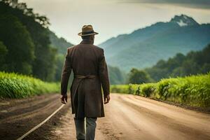 a man in a trench coat walks down a dirt road. AI-Generated photo