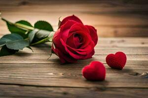 red rose on a wooden table with hearts. AI-Generated photo