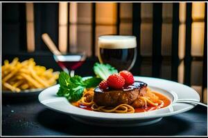 a steak with sauce and berries on a plate. AI-Generated photo