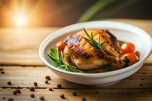 pollo en un cuenco con Tomates y hierbas. generado por ai foto