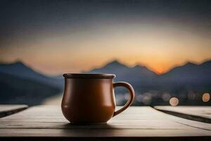 a coffee cup sits on a table in front of a mountain range. AI-Generated photo