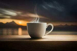 un taza de café en un mesa con un puesta de sol en el antecedentes. generado por ai foto