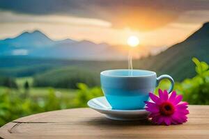 a cup of coffee and a flower on a table in the mountains. AI-Generated photo