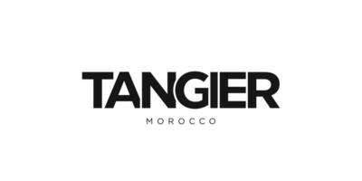 Tangier in the Morocco emblem. The design features a geometric style, vector illustration with bold typography in a modern font. The graphic slogan lettering.