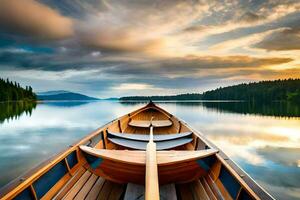 a canoe is floating on the calm water at sunset. AI-Generated photo