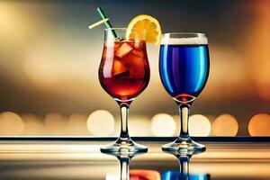 two glasses of drinks with colorful drinks. AI-Generated photo