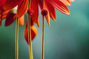 close up of red flowers with green stems. AI-Generated photo