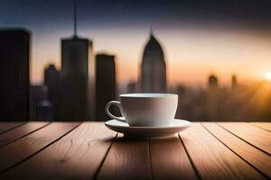 coffee cup on the table with cityscape in the background. AI-Generated photo