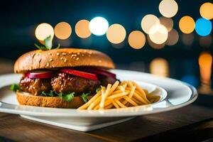 a hamburger and fries on a plate with a blurry background. AI-Generated photo