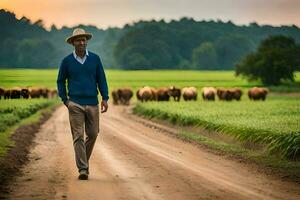 a man walking down a dirt road with cows in the background. AI-Generated photo