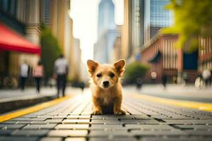 a small dog is standing on a street in front of buildings. AI-Generated photo