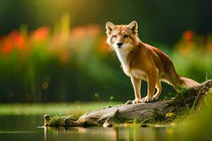 a fox stands on a log in front of a lake. AI-Generated photo