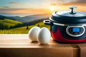 an electric pressure cooker with two eggs on a table. AI-Generated photo