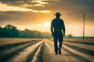 a man in a hat and suit walks down a dirt road at sunset. AI-Generated photo