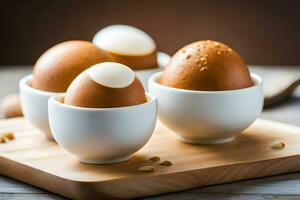 huevos en blanco tazas en un de madera corte tablero. generado por ai foto