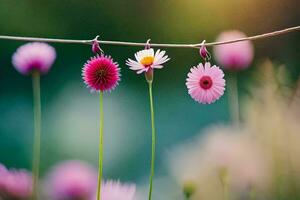 rosado flores colgando desde un cable en un campo. generado por ai foto