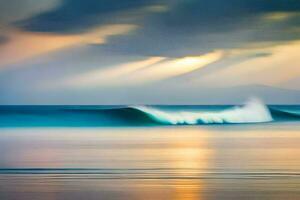 un ola rompe en el playa a puesta de sol. generado por ai foto