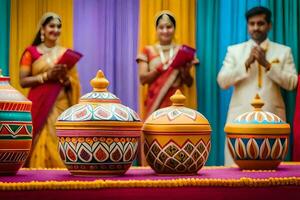 a couple is standing in front of colorful pots. AI-Generated photo