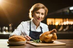 a woman in a chef's apron is holding a roast chicken. AI-Generated photo