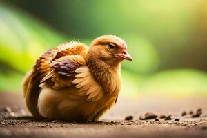 a small chicken is sitting on the ground. AI-Generated photo