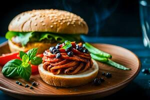 a hamburger with tomato sauce and vegetables on a plate. AI-Generated photo