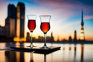 two glasses of wine on a tray with a city skyline in the background. AI-Generated photo