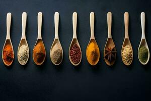 spoons with different spices and herbs. AI-Generated photo