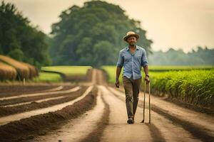 a man walking down a dirt road with cane. AI-Generated photo