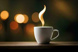 a cup of coffee with a flame on the table. AI-Generated photo