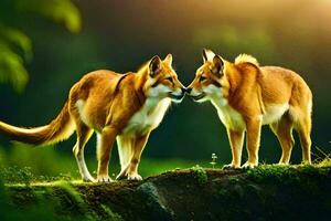 two red foxes standing on a rock in the forest. AI-Generated photo