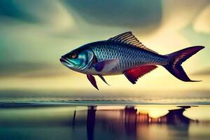 un pescado es volador terminado el agua a puesta de sol. generado por ai foto