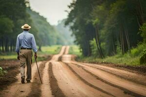 a man walking down a dirt road with a cane. AI-Generated photo