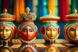 colorful indian vases with faces on them. AI-Generated photo