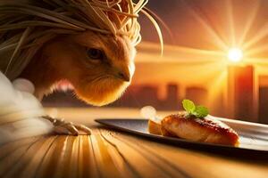 a chicken with a wispy hair on its head is sitting on a plate. AI-Generated photo
