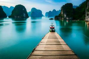 a boat is docked in the water near mountains. AI-Generated photo