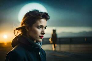 a woman in a black coat and red lipstick stands in front of a full moon. AI-Generated photo