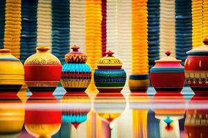 colorful vases are lined up on a table. AI-Generated photo