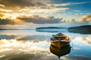 a boat on a calm lake at sunset. AI-Generated photo