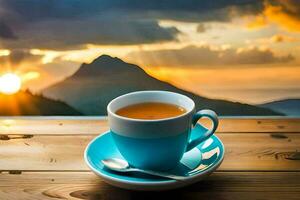 a cup of tea on a wooden table with a view of the mountains. AI-Generated photo