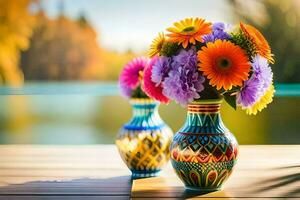 colorful flowers in vases on a wooden table. AI-Generated photo