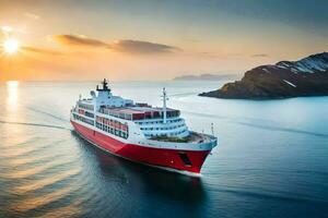 un rojo y blanco crucero Embarcacion navegación en el océano. generado por ai foto