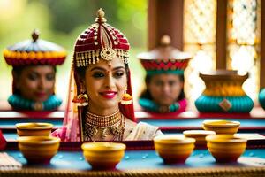 a woman in traditional indian attire is holding a tray of cups. AI-Generated photo