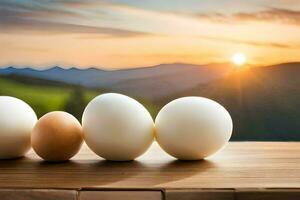 eggs on a table with mountains in the background. AI-Generated photo
