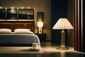 a bedroom with a lamp and a bed. AI-Generated photo