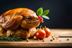 a chicken with a rosemary leaf on its head. AI-Generated photo