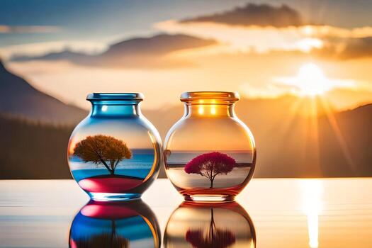 two vases with trees in them, one with a sunset in the background. AI-Generated photo